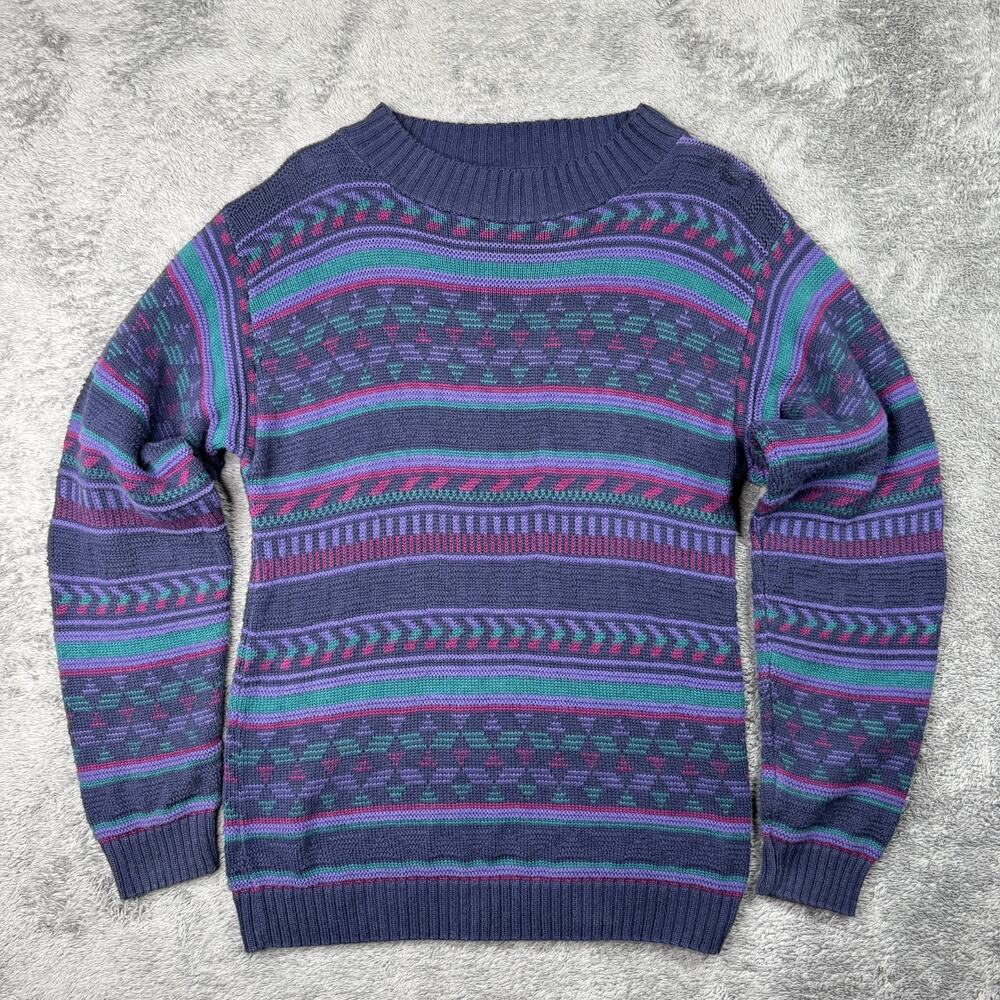 Vintage 90s Knit Sweater USA 100% Cotton Sperry Top Sider Purple Blue Vapor Wave